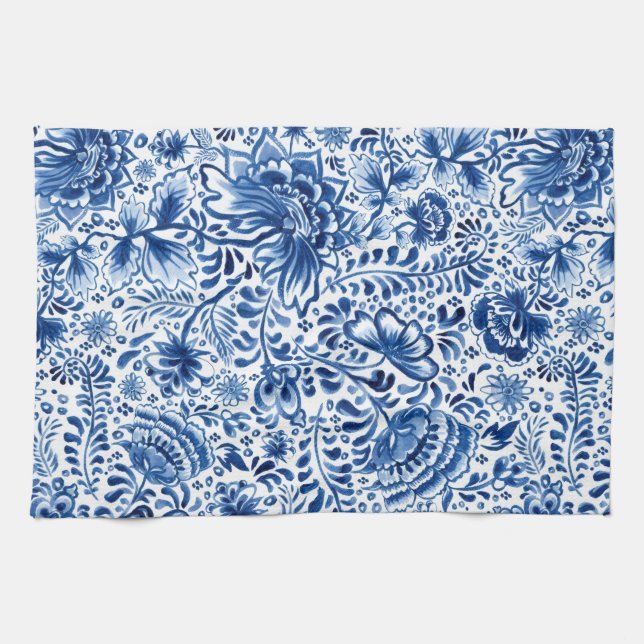Batik Floral Design Blue and White  Kitchen Towel (Horizontal)