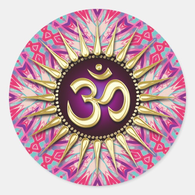Batik Fuchsia Pink Purple & Sunshine Om Classic Round Sticker (Front)