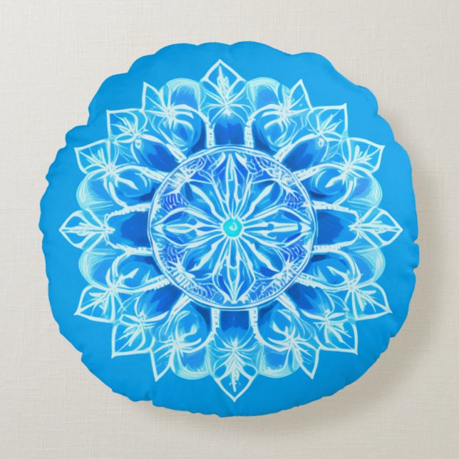 Batik Mandala Flower in Turquoise Round Pillow (Front)