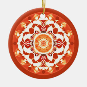 Batik Mandala Pattern in Rust Red Ceramic Ornament