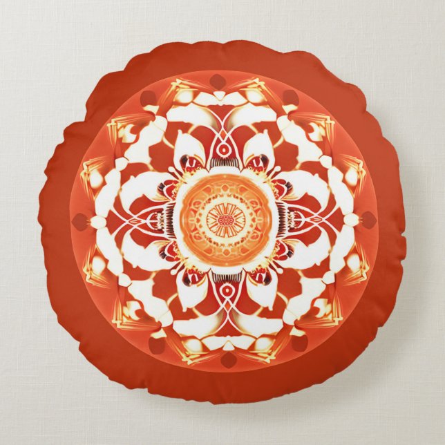 Batik Mandala Pattern in Rust Red Round Pillow (Front)