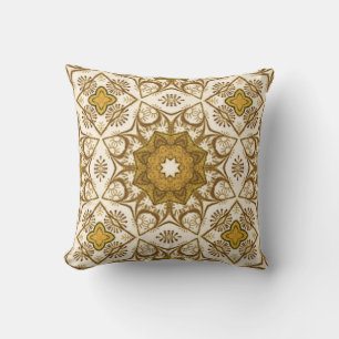 Batik Mandala Pattern Mustard Gold and Cream Throw Pillow