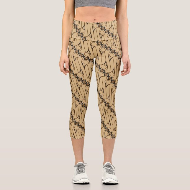 Batik Parang, Indonesian Pattern, Javanese, Ethnic Capri Leggings (Front)