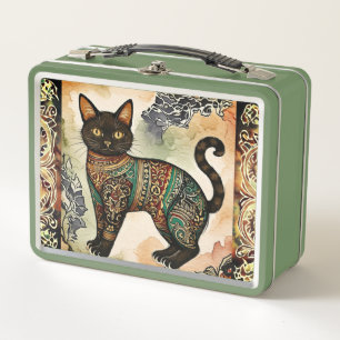 Batik Pattern, Black Cat, Vintage, Antique Metal Lunch Box