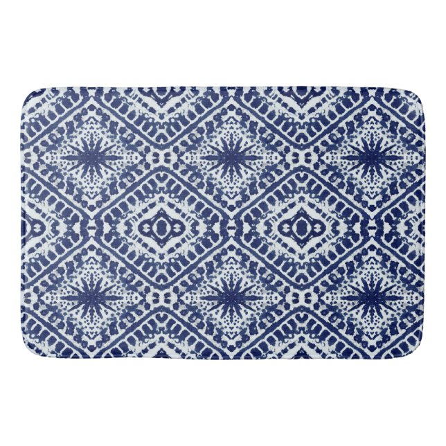 Batik Star n Diamond Shibori Indigo Blue Pattern Bath Mat (Front)