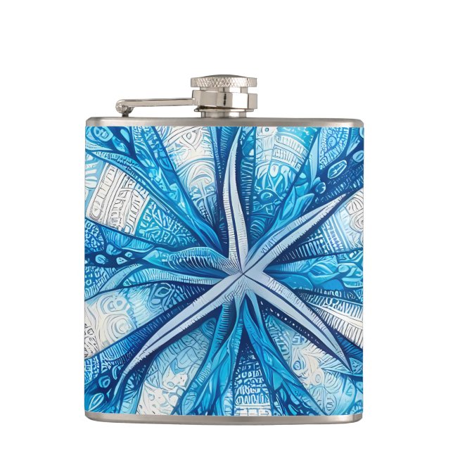 Batik Starfish Sand Dollar Blue Shells Beach Hip Flask (Front)