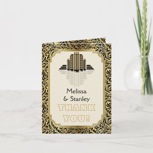 Bâtiments Art déco, mariage noir et or, Merci (Devant)