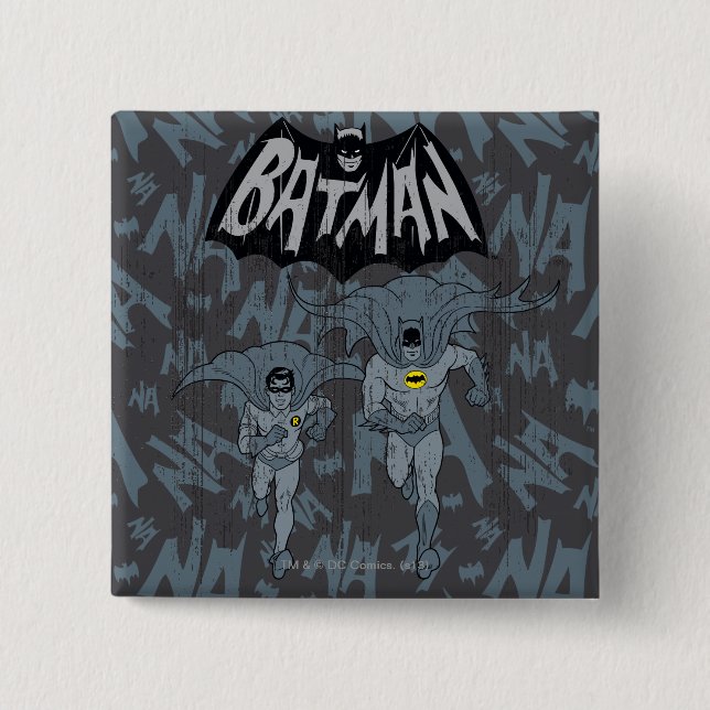 Batman And Robin With Logo Distressed Graphic 2 Inch Square Button (Front)