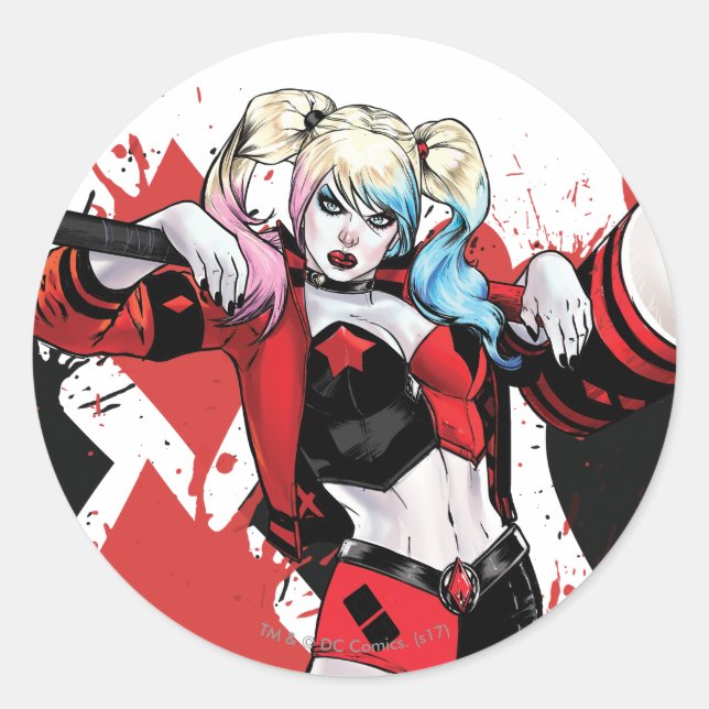 Batman | Harley Quinn Hearts & Diamonds Splatter Classic Round Sticker (Front)