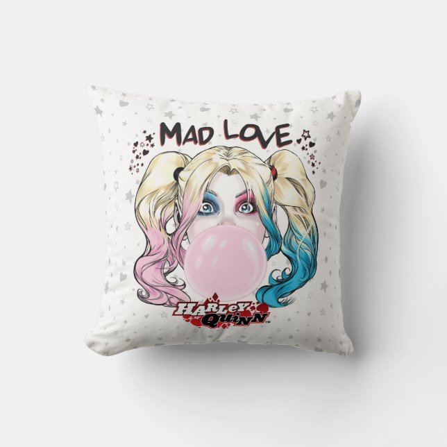 Batman | Mad Love Harley Quinn Chewing Bubble Gum Throw Pillow (Front)