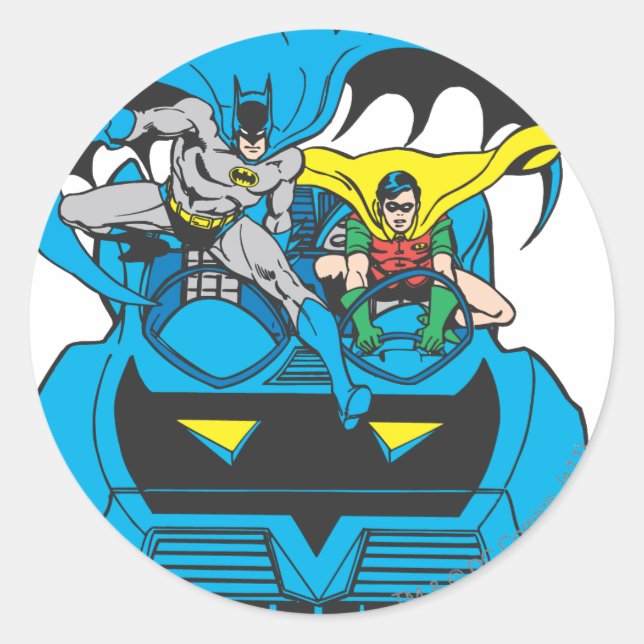 Batman & Robin Ride Batmobile Classic Round Sticker (Front)