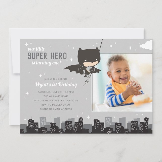 Batman Super Hero First Birthday - Photo Invitation (Front)