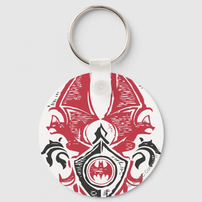 Batman Symbol | Red Black Bat Stamp Crest Logo Keychain (Front)