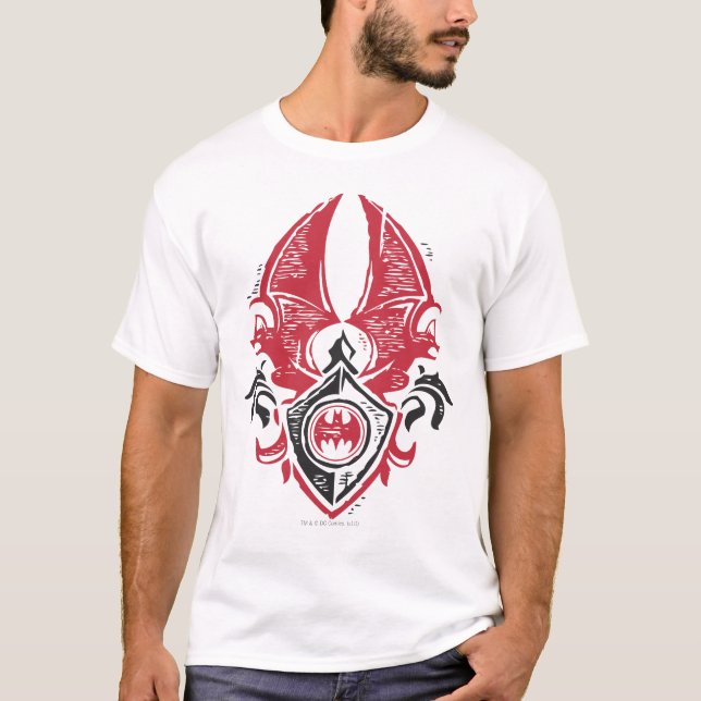 Batman Symbol | Red Black Bat Stamp Crest Logo T-Shirt (Front)