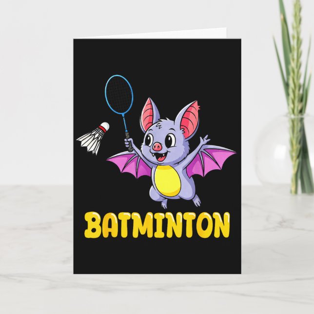 Batminton Funny Cartoon Bat Playing Badminton Pun  Card (Front)
