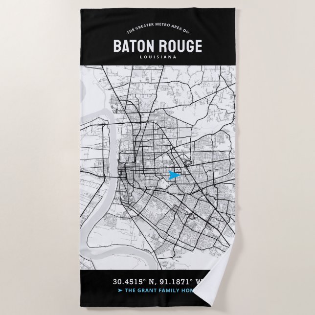 Baton Rouge City Map + Your Custom Location Beach Towel (Front)