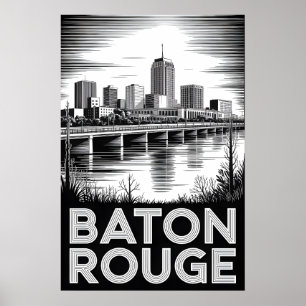 Baton Rouge Louisiana Skyline Black White Woodcut Poster