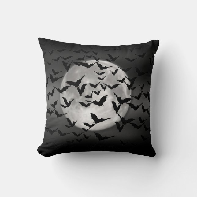 Bats and a Full Moon Halloween Throw Pillow (Front)