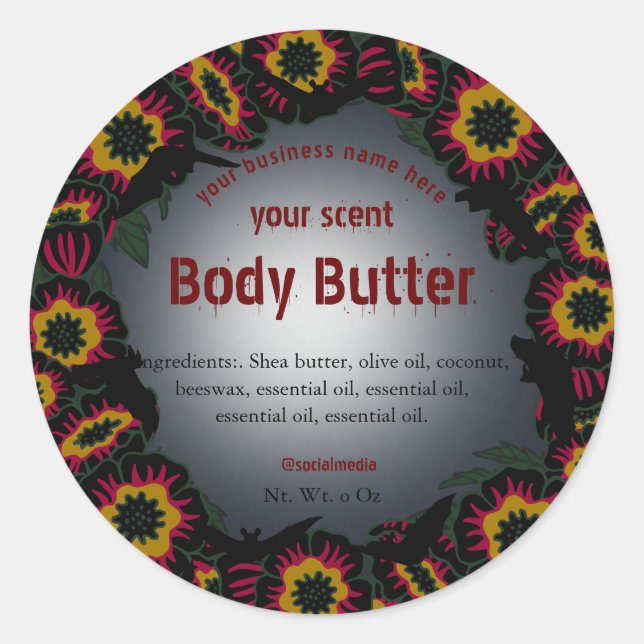 Bats and flowers halloween goth body butter classic round sticker (Front)