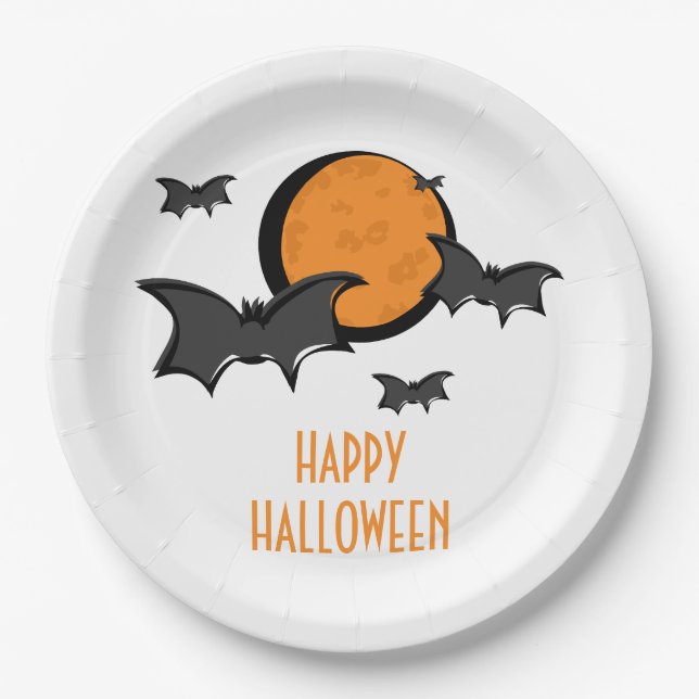 Bats and Moon Halloween Paper Plates (Front)