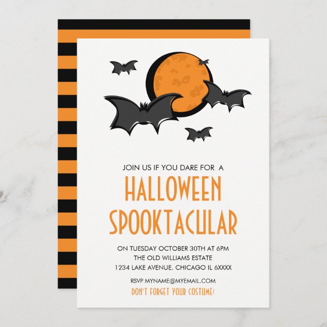 Bats and Moon Halloween Party Invitation Card (Front/Back)