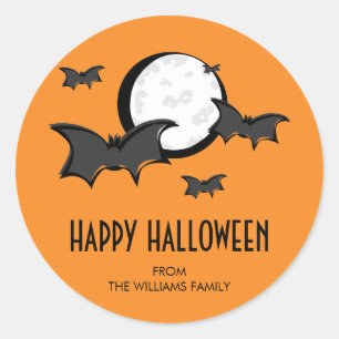 Bats and Moon Halloween Round Sticker Orange
