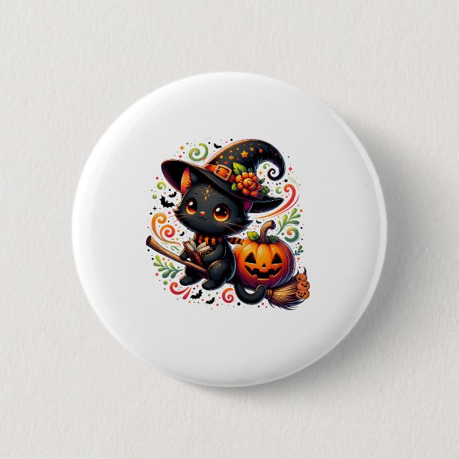 Bats Black Cat Witch Hat Wand Pumpkin Cute Hallowe 2 Inch Round Button (Front)