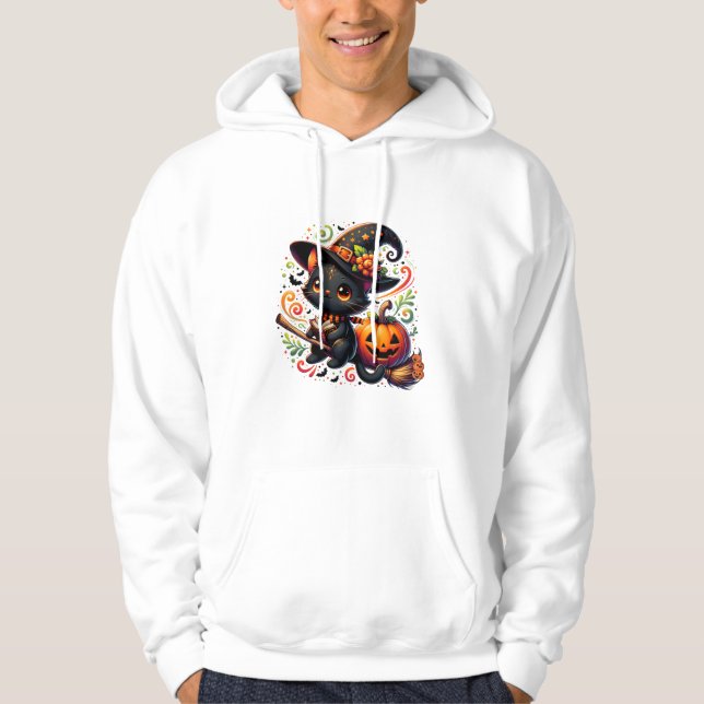 Bats Black Cat Witch Hat Wand Pumpkin Cute Hallowe Hoodie (Front)