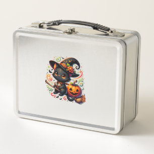 Bats Black Cat Witch Hat Wand Pumpkin Cute Hallowe Metal Lunch Box