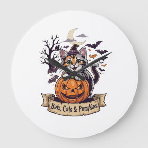 Bats Cats Pumpkins Halloween Witch Cat Spooky Tree Large Clock
