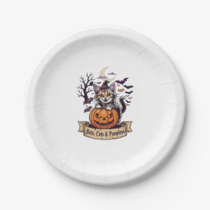 Bats Cats Pumpkins Halloween Witch Cat Spooky Tree Paper Plate