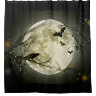 Bats fly Crow sits in Front of Halloween Full Moon