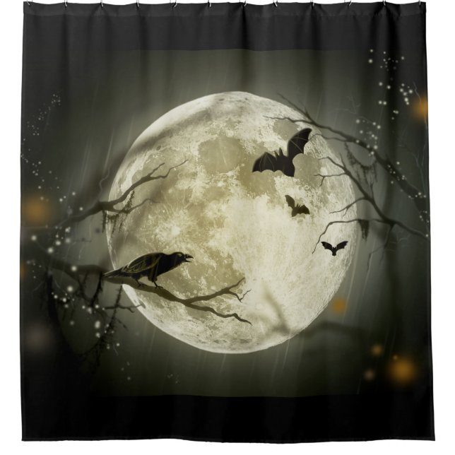 Bats fly Crow sits in Front of Halloween Full Moon (Front)