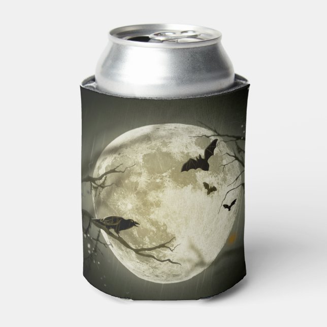 Bats fly Crow sits in Front of Halloween Full Moon Can Cooler (Can Front)
