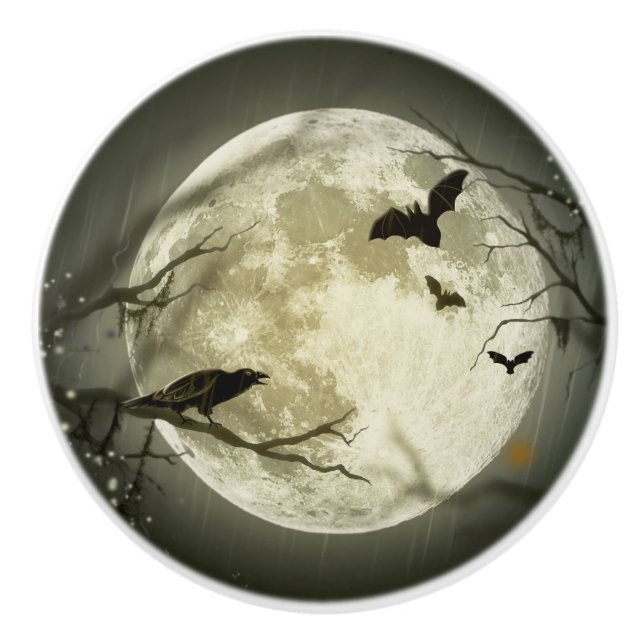 Bats fly Crow sits in Front of Halloween Full Moon Ceramic Knob (Front)