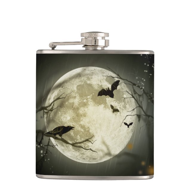 Bats fly Crow sits in Front of Halloween Full Moon Hip Flask (Front)