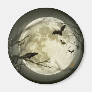 Bats fly Crow sits in Front of Halloween Full Moon Magnet