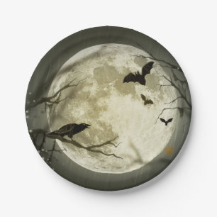 Bats fly Crow sits in Front of Halloween Full Moon Paper Plate