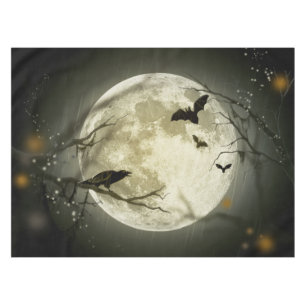 Bats fly Crow sits in Front of Halloween Full Moon Tablecloth