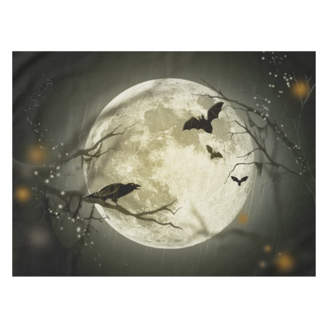 Bats fly Crow sits in Front of Halloween Full Moon Tablecloth (Front (Horizontal))