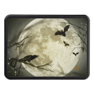 Bats fly Crow sits in Front of Halloween Full Moon Trailer Hitch Cover