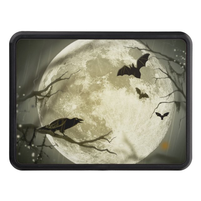 Bats fly Crow sits in Front of Halloween Full Moon Trailer Hitch Cover (Front)