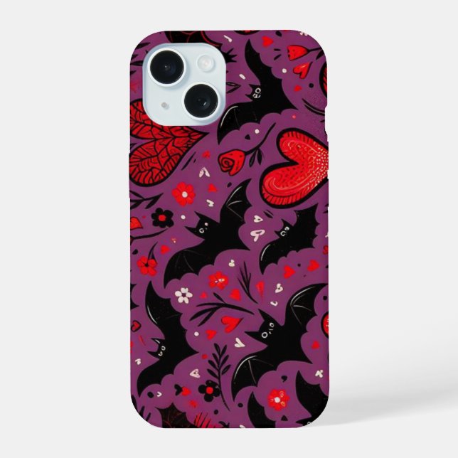 Bats & Hearts iPhone 15 Case (Back)
