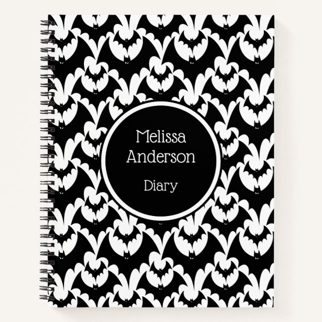 Bats Horror Gothic Pattern Personalized Name Black Notebook (Front)