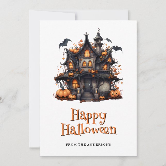 Bats Pumpkins Ghost Haunted House Halloween Card (Front)