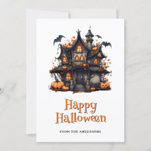 Bats Pumpkins Ghost Haunted House Halloween Card