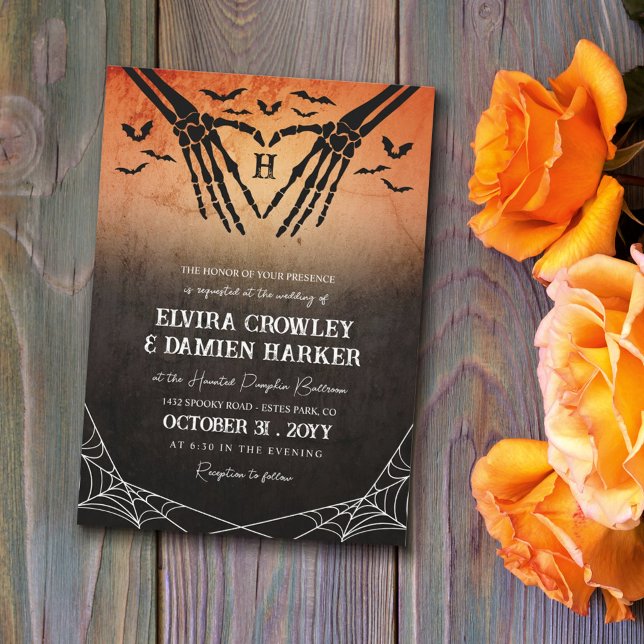 Bats & Skeleton Heart Goth Halloween Wedding Invitation (Creator Uploaded)