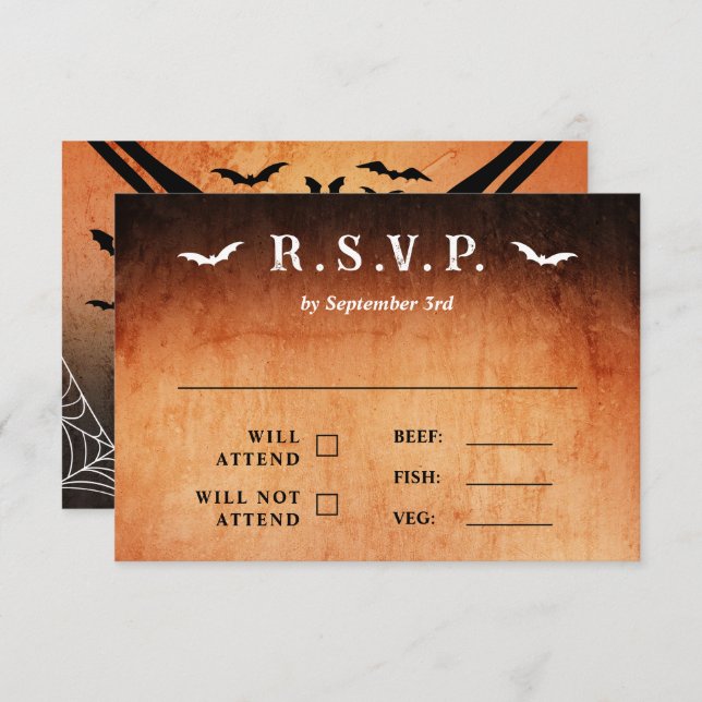 Bats & Skeleton Heart Goth Halloween Wedding RSVP Card (Front/Back)