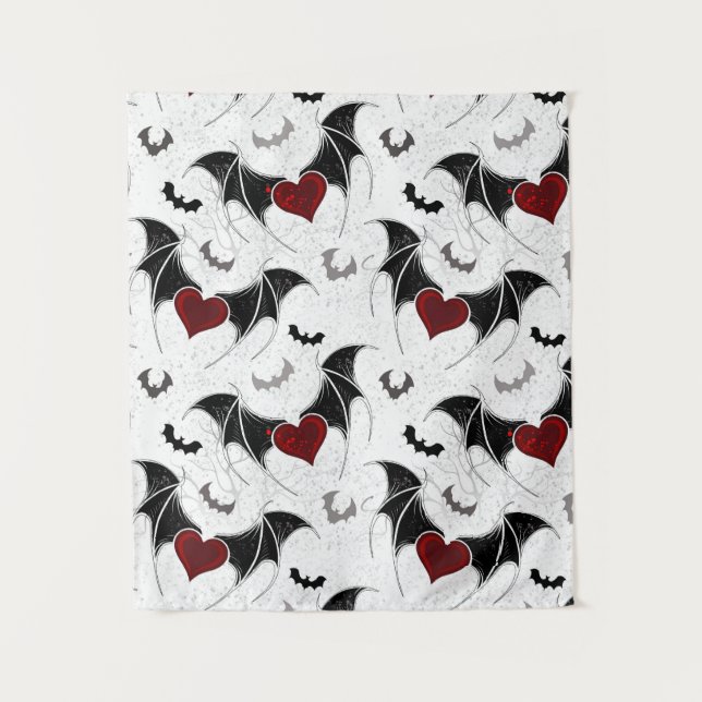 Bats with Red Hearts and smaller bat silhouettes  Tapestry (Front)