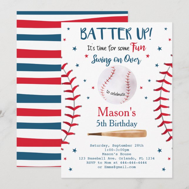 Batter Up Baseball Birthday Invitation (Front/Back)